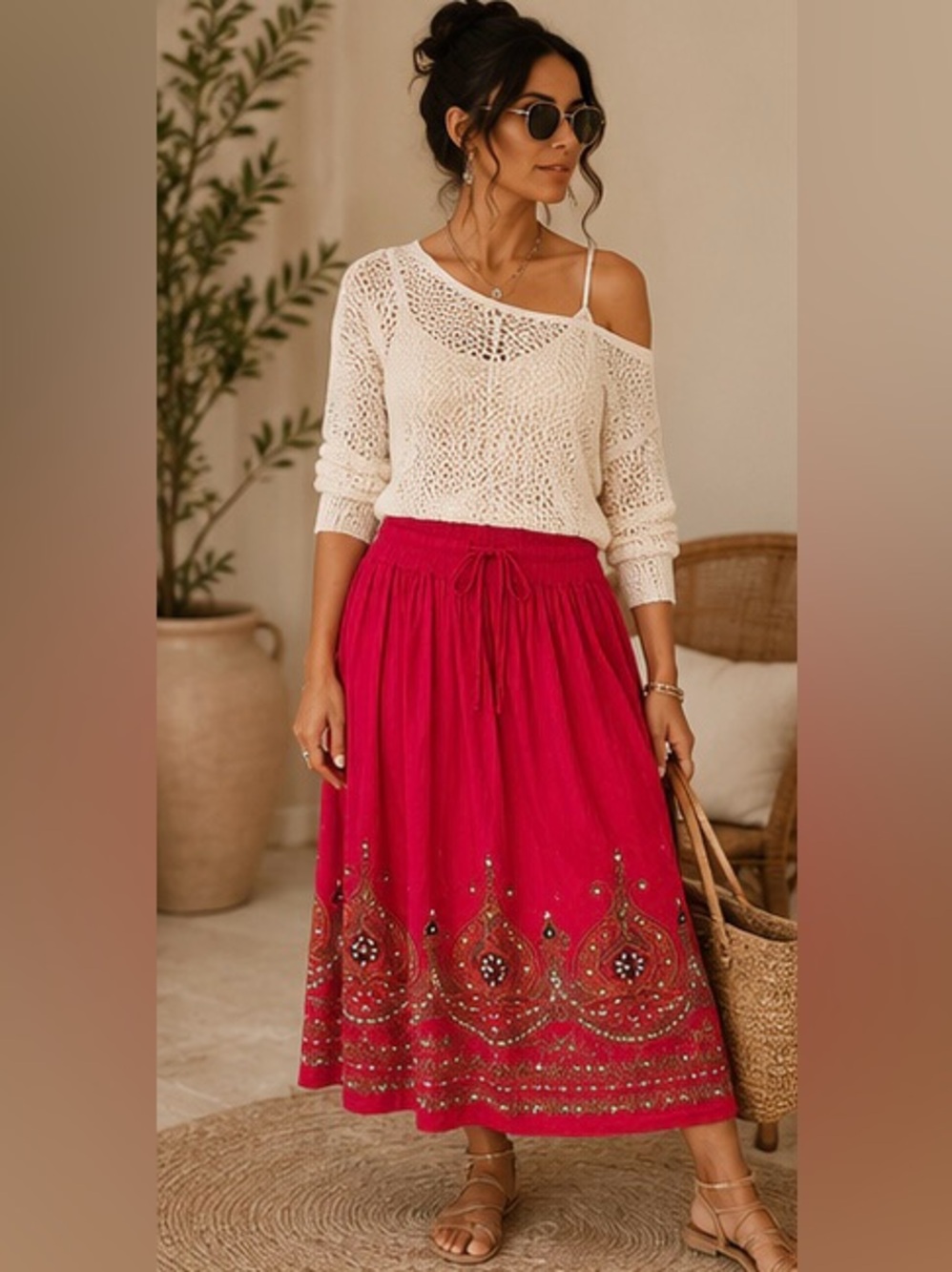 Twiggy London Embellished Cotton Midi Skirt Size Large